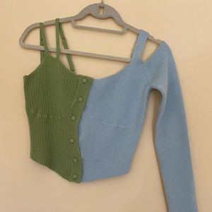Danielle Guizio blue&green asymmetrical knit L/S tank